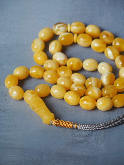 Royal White / Butterscotch Olive Shape Amber Rosary / Misbaha With Tiger Beads And Certificate