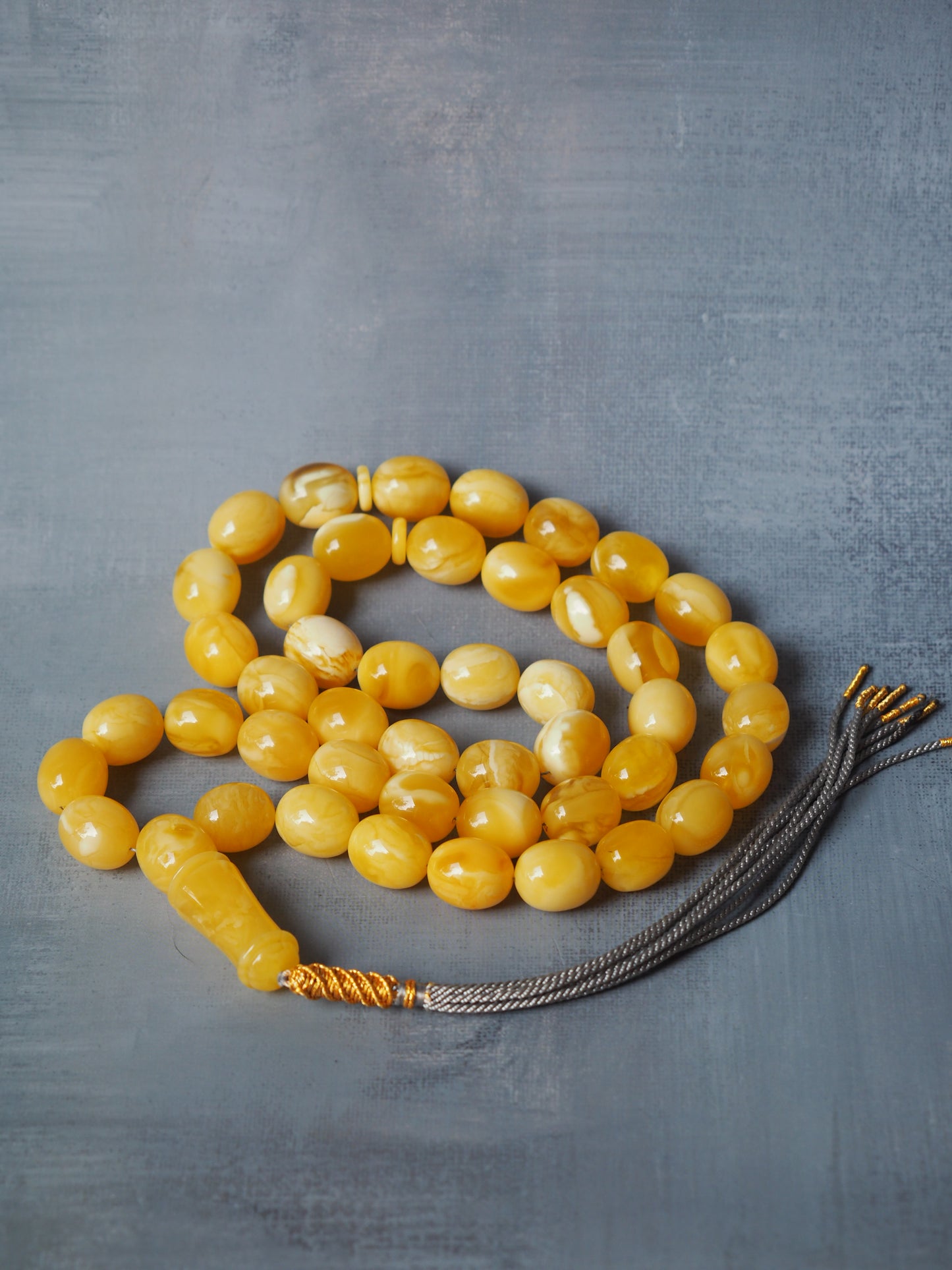 Royal White / Butterscotch Olive Shape Amber Rosary / Misbaha With Tiger Beads And Certificate