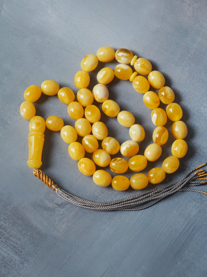 Royal White / Butterscotch Olive Shape Amber Rosary / Misbaha With Tiger Beads And Certificate