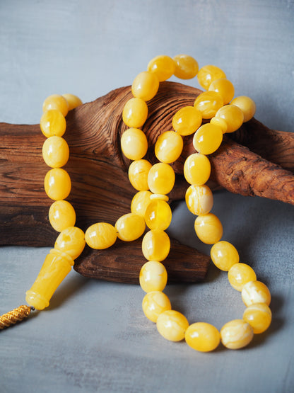 Royal White / Butterscotch Olive Shape Amber Rosary / Misbaha With Tiger Beads And Certificate