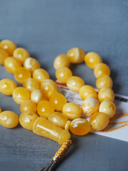 Royal White / Butterscotch Olive Shape Amber Rosary / Misbaha With Tiger Beads And Certificate