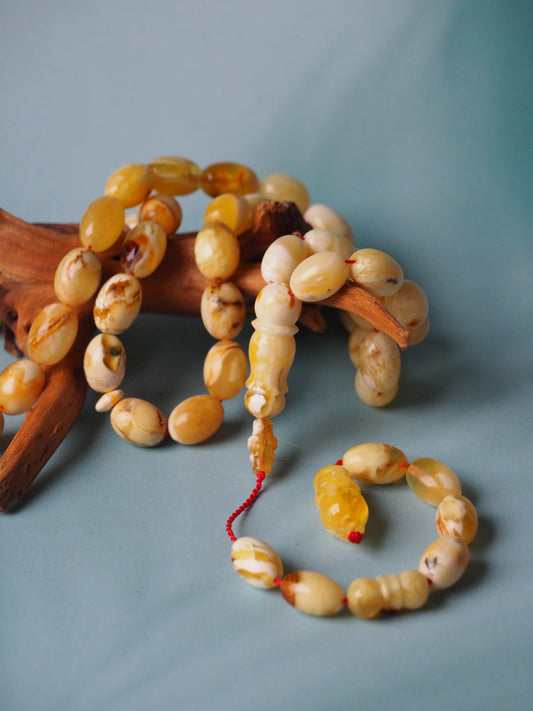 Unique and Rare Natural Royal White/ Mosaic Amber Olive Shape Rosary 39,2g