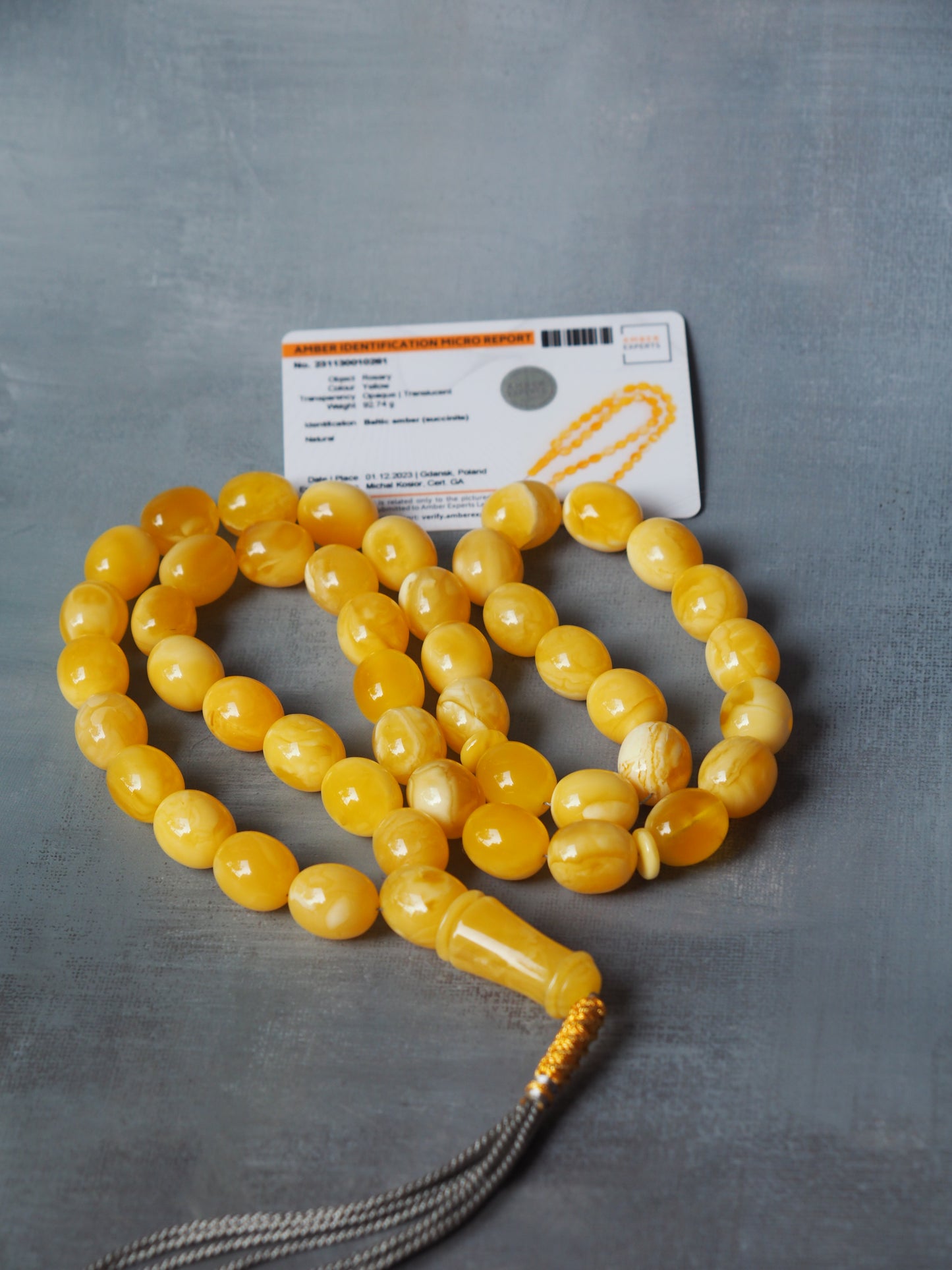 Royal White / Butterscotch Olive Shape Amber Rosary / Misbaha With Tiger Beads And Certificate