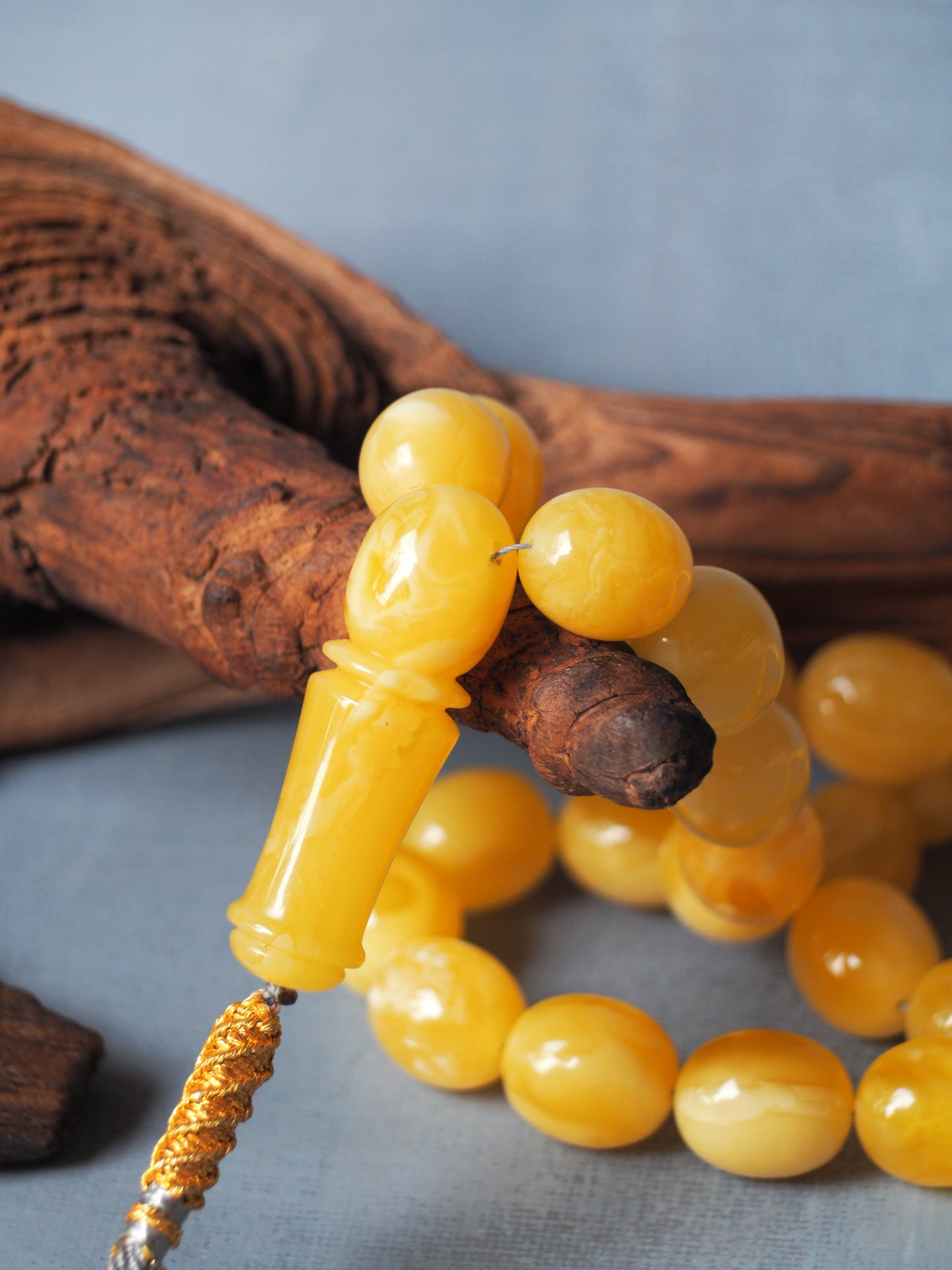 Royal White / Butterscotch Olive Shape Amber Rosary / Misbaha With Tiger Beads And Certificate