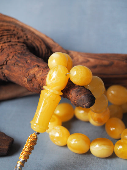 Royal White / Butterscotch Olive Shape Amber Rosary / Misbaha With Tiger Beads And Certificate