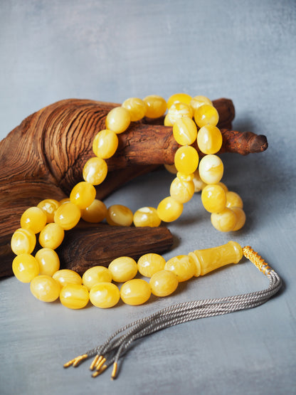 Royal White / Butterscotch Olive Shape Amber Rosary / Misbaha With Tiger Beads And Certificate