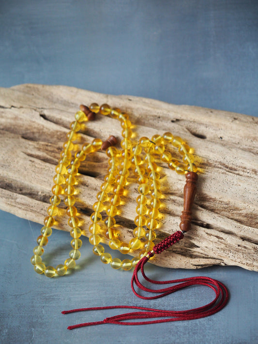 Natural Citron Amber and Kokka Wood Rosary 99 Beads