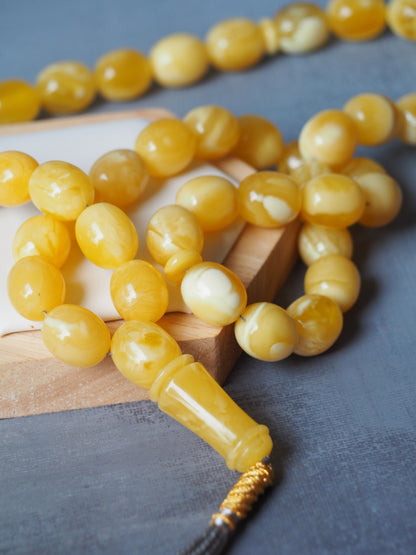 Royal White / Butterscotch Olive Shape Amber Rosary / Misbaha With Tiger Beads And Certificate