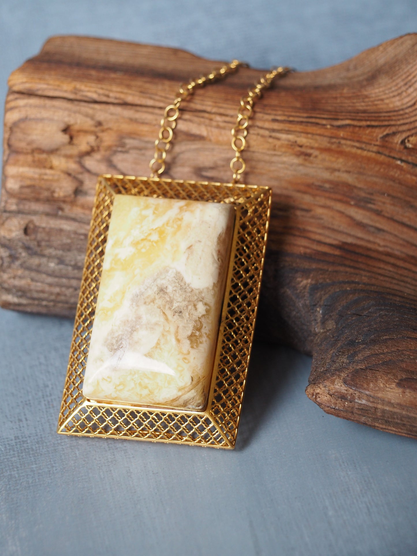 Unique Large Royal White Rectangular Amber Pendant with Gold Plated Silver Frame And Chain