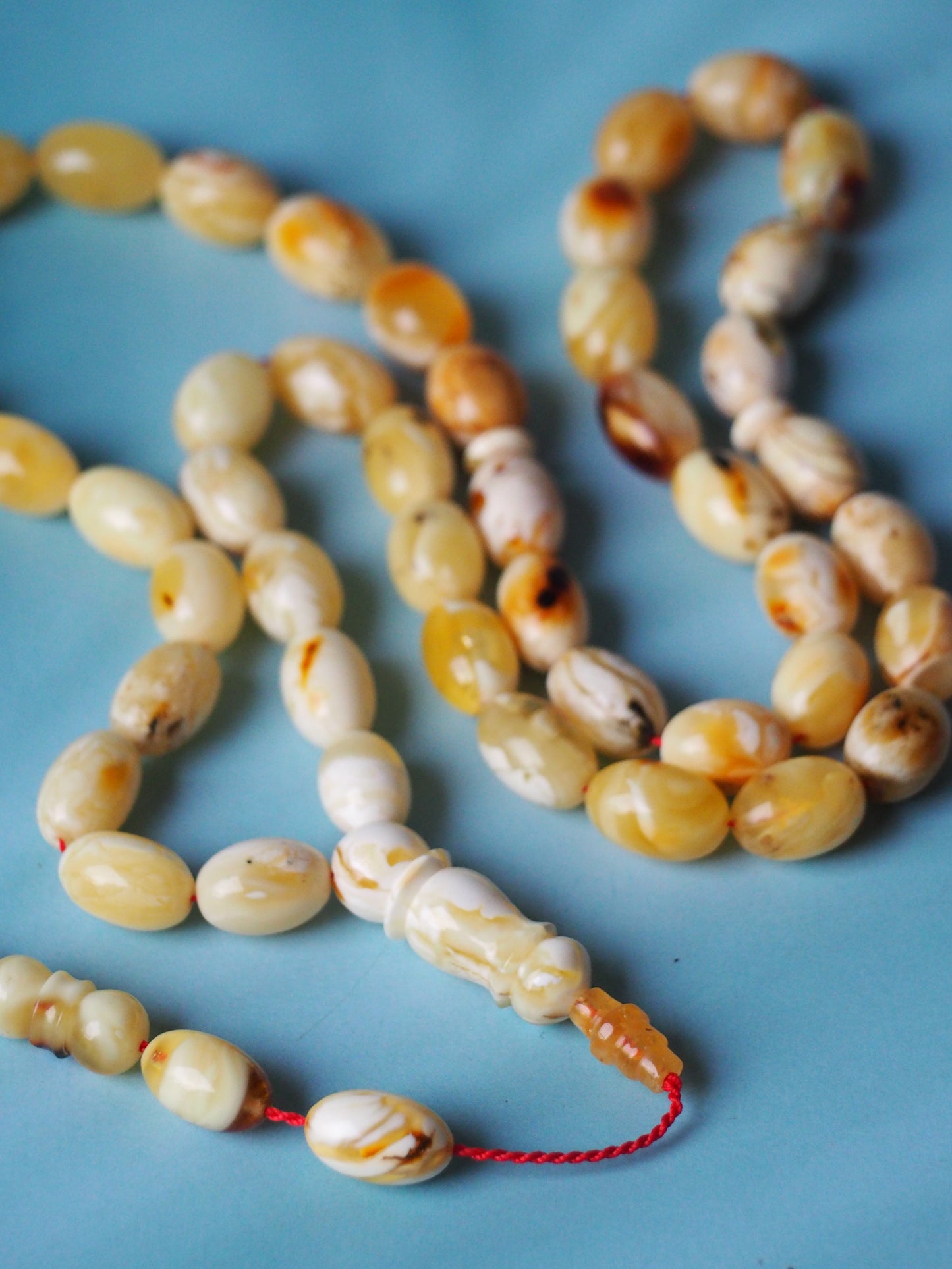 Unique and Rare Natural Royal White/ Mosaic Amber Olive Shape Rosary 39,2g