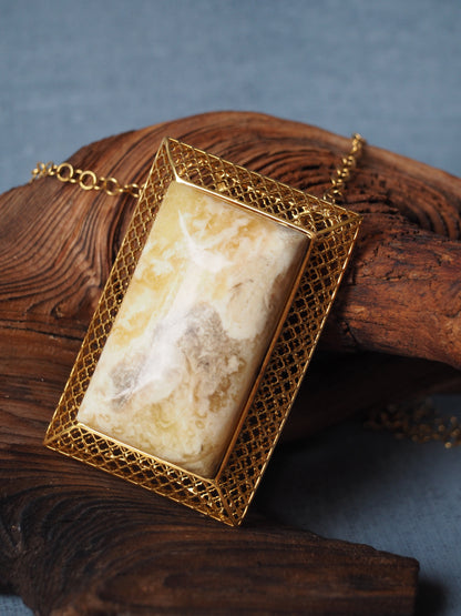 Unique Large Royal White Rectangular Amber Pendant with Gold Plated Silver Frame And Chain