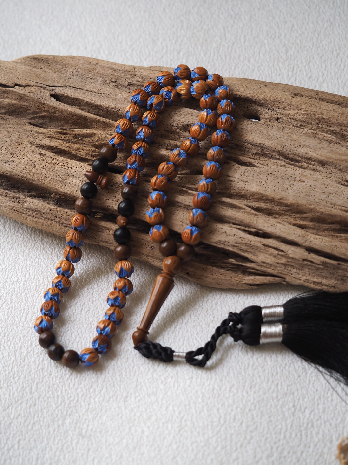 Handpainted and Handcarved Peach Wood, Kokka Wood and Black Amber Tasbih 66 Beads