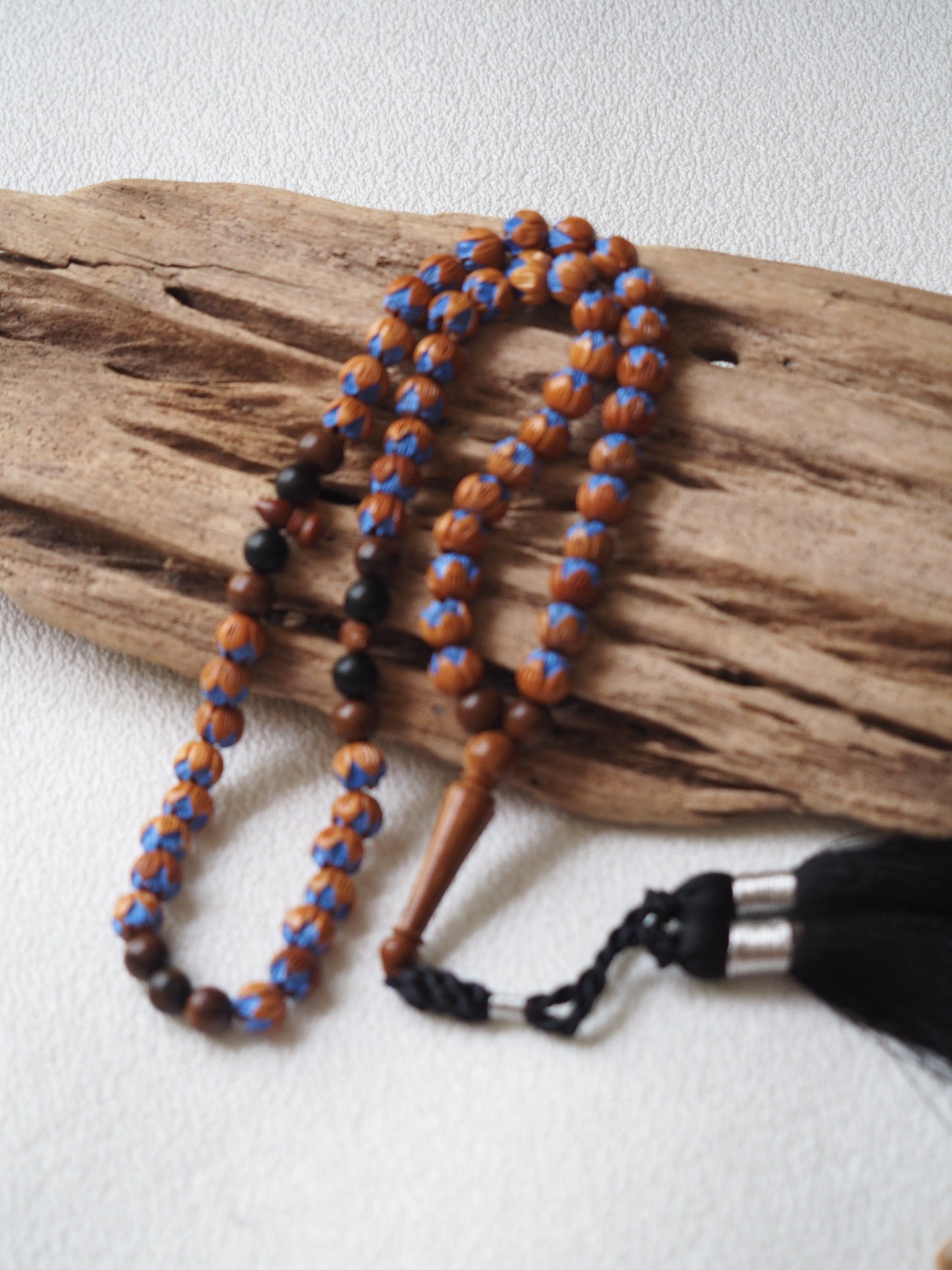 Handpainted and Handcarved Peach Wood, Kokka Wood and Black Amber Tasbih 66 Beads