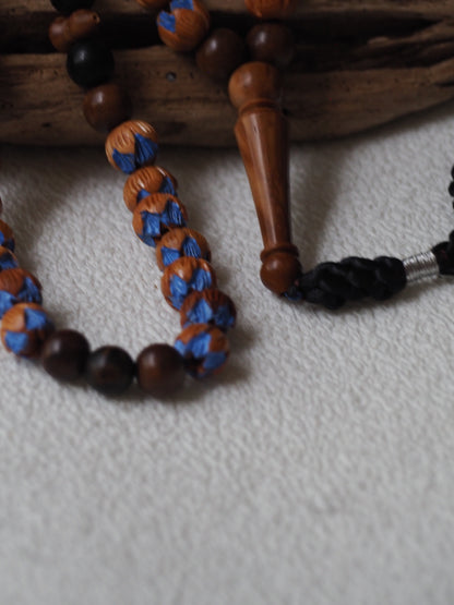 Handpainted and Handcarved Peach Wood, Kokka Wood and Black Amber Tasbih 66 Beads