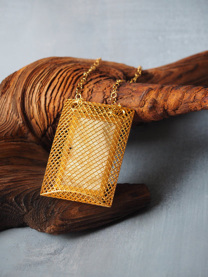 Unique Large Royal White Rectangular Amber Pendant with Gold Plated Silver Frame And Chain