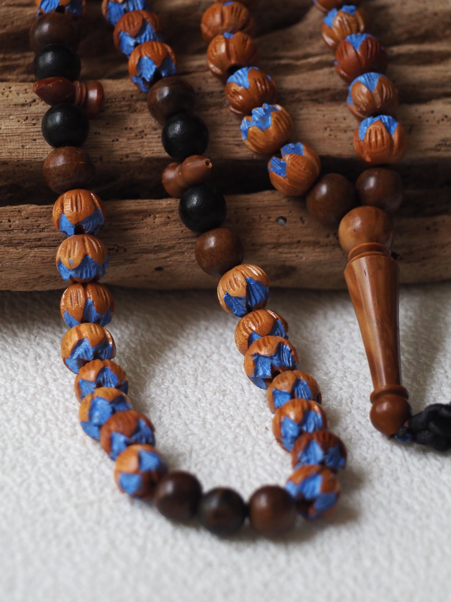 Handpainted and Handcarved Peach Wood, Kokka Wood and Black Amber Tasbih 66 Beads