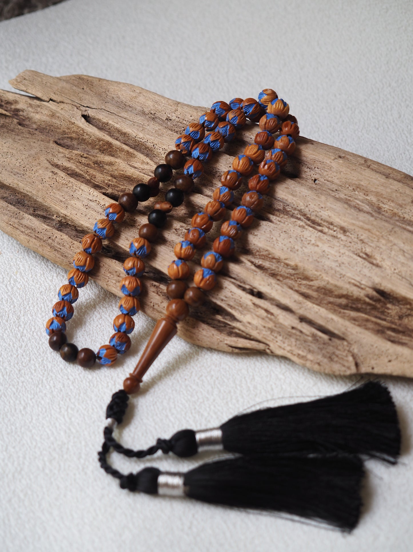 Handpainted and Handcarved Peach Wood, Kokka Wood and Black Amber Tasbih 66 Beads