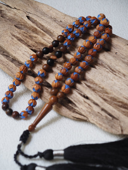 Handpainted and Handcarved Peach Wood, Kokka Wood and Black Amber Tasbih 66 Beads