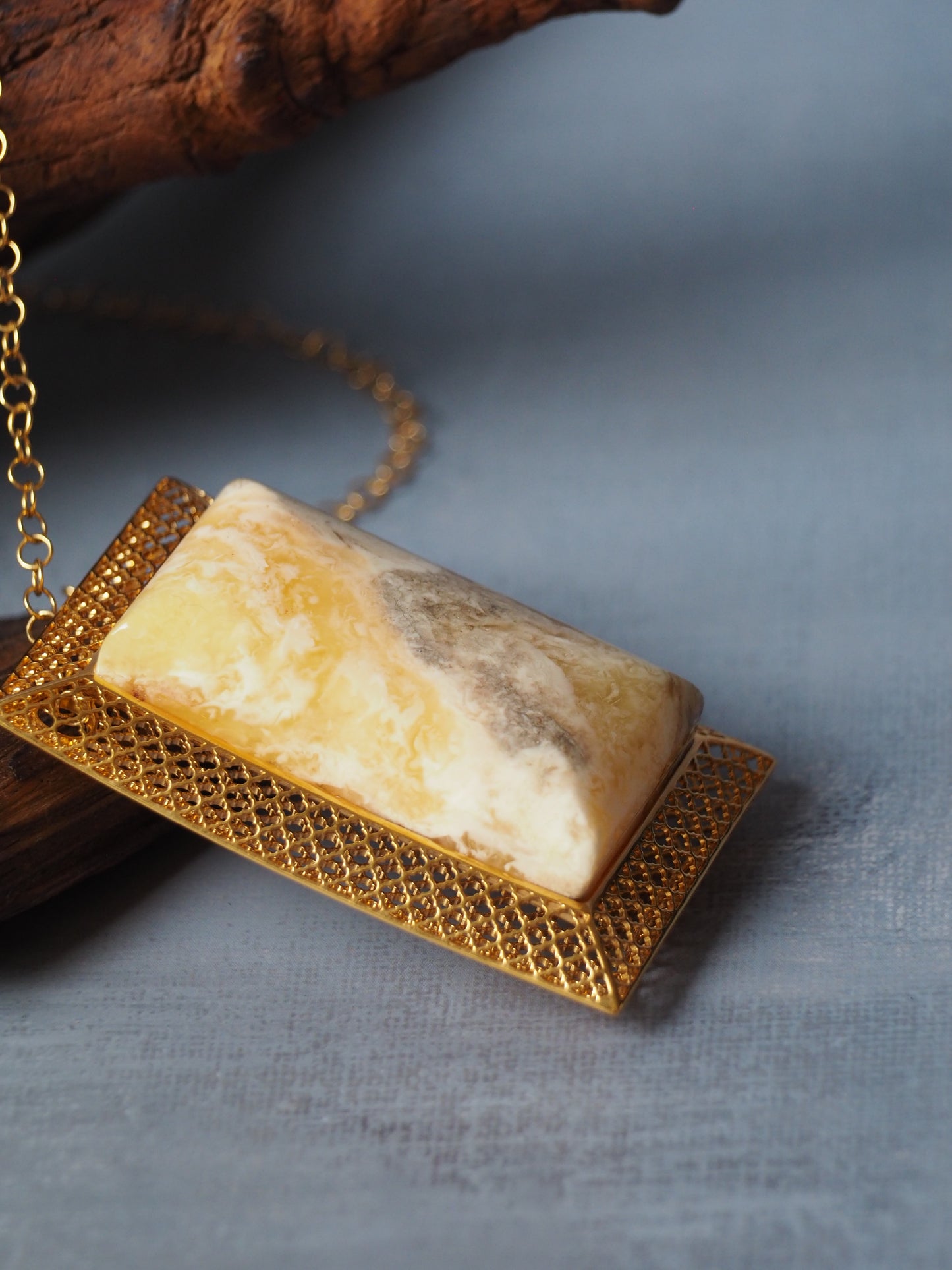 Unique Large Royal White Rectangular Amber Pendant with Gold Plated Silver Frame And Chain