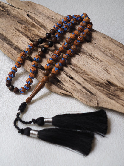 Handpainted and Handcarved Peach Wood, Kokka Wood and Black Amber Tasbih 66 Beads