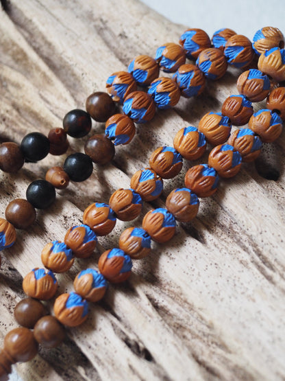 Handpainted and Handcarved Peach Wood, Kokka Wood and Black Amber Tasbih 66 Beads