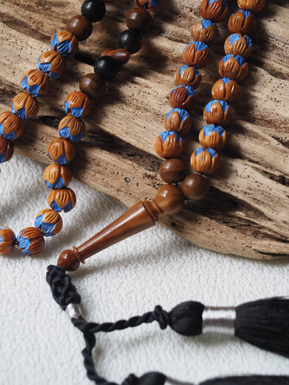 Handpainted and Handcarved Peach Wood, Kokka Wood and Black Amber Tasbih 66 Beads