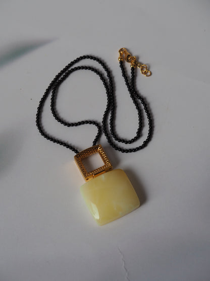 Natural Royal White Pendant With Black Onyx Necklace And Gold Plated Silver