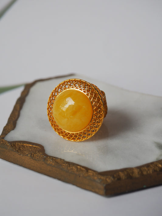 Huge Artistic Ring with Natural Butterscotch Amber in Gold Plated Silver