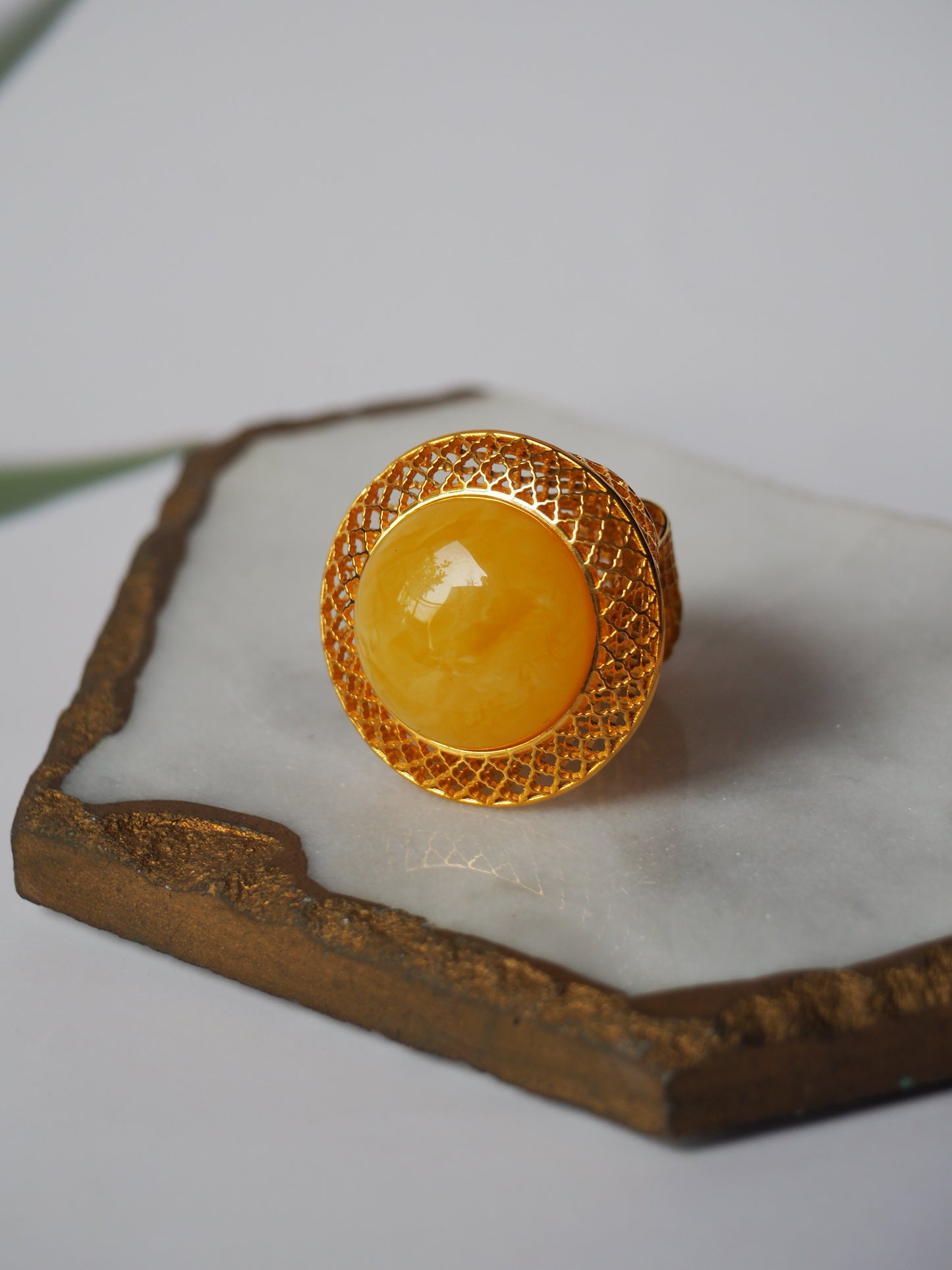 Huge Artistic Ring with Natural Butterscotch Amber in Gold Plated Silver