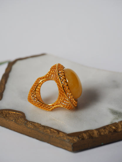 Huge Artistic Ring with Natural Butterscotch Amber in Gold Plated Silver