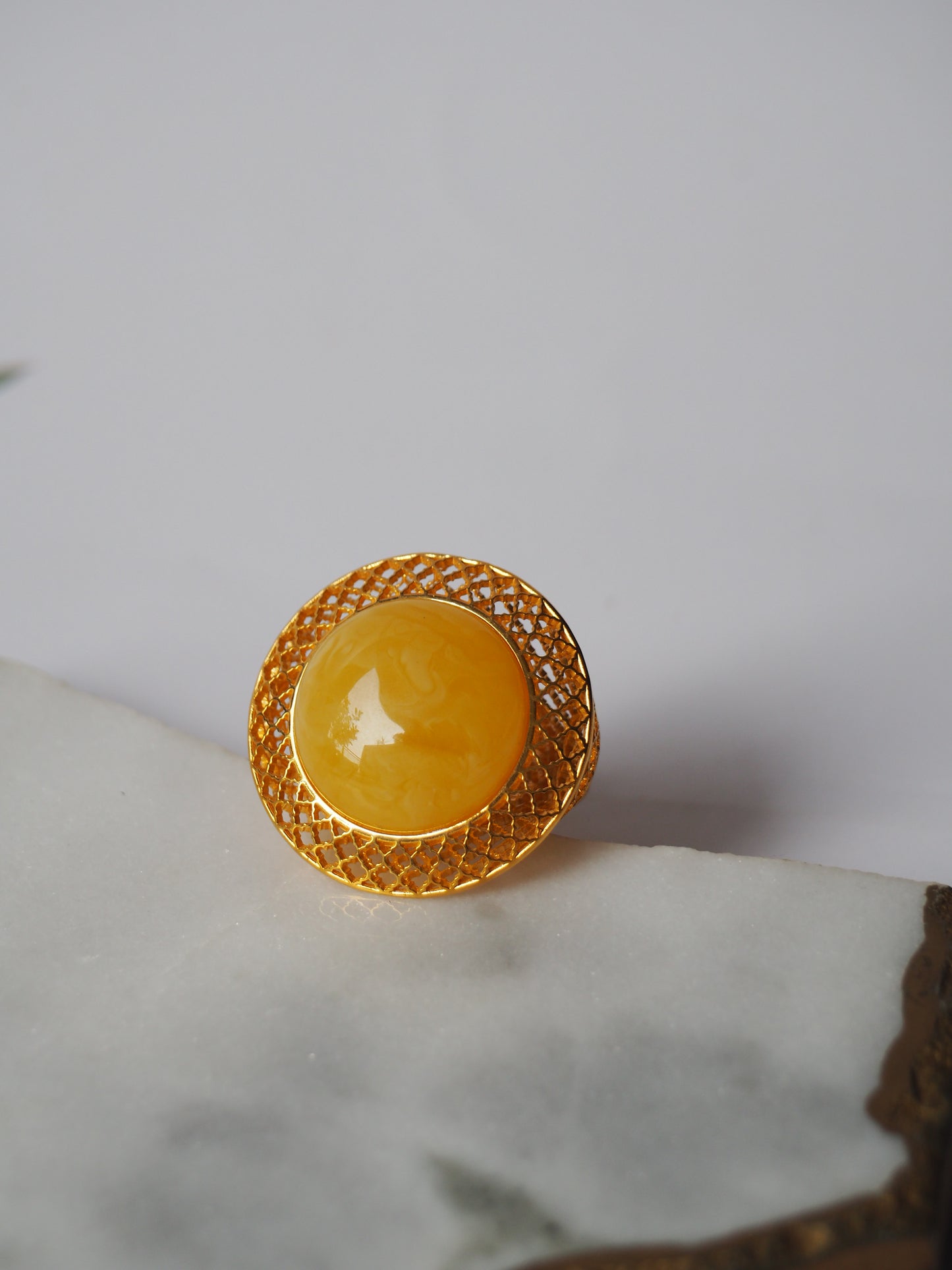 Huge Artistic Ring with Natural Butterscotch Amber in Gold Plated Silver