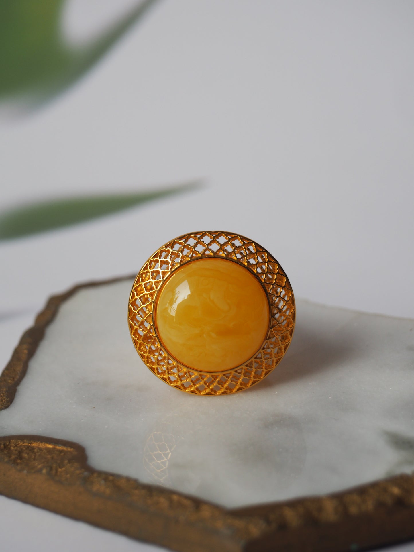 Huge Artistic Ring with Natural Butterscotch Amber in Gold Plated Silver