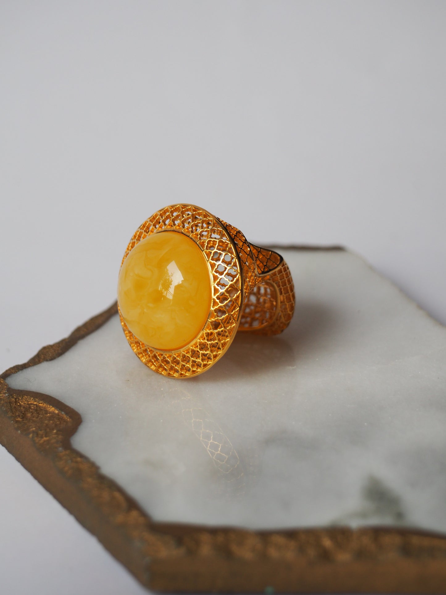 Huge Artistic Ring with Natural Butterscotch Amber in Gold Plated Silver