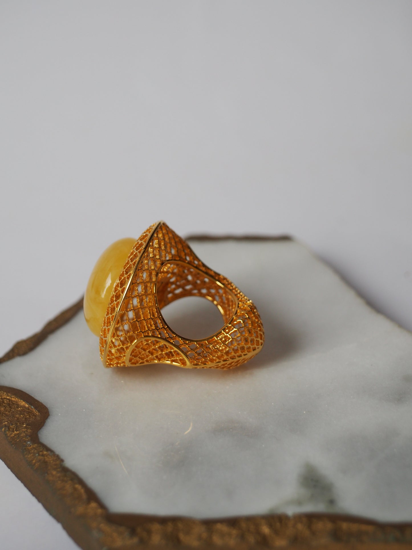 Huge Artistic Ring with Natural Butterscotch Amber in Gold Plated Silver