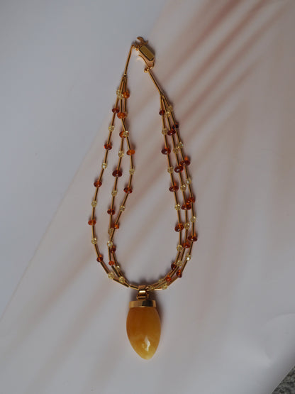 Unique Claw Shaped Butterscotch / Honey Amber Necklace With Gold Plated Silver and Swarovski Crystals