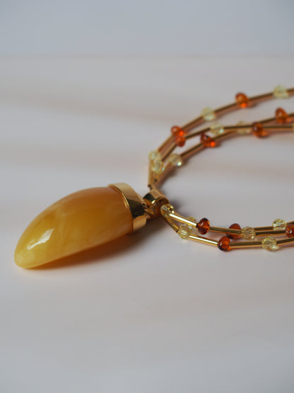 Unique Claw Shaped Butterscotch / Honey Amber Necklace With Gold Plated Silver and Swarovski Crystals