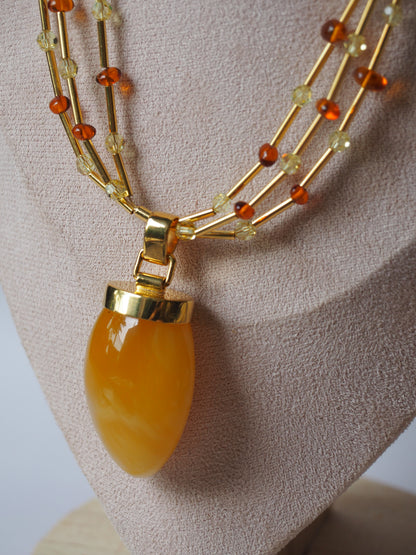 Unique Claw Shaped Butterscotch / Honey Amber Necklace With Gold Plated Silver and Swarovski Crystals