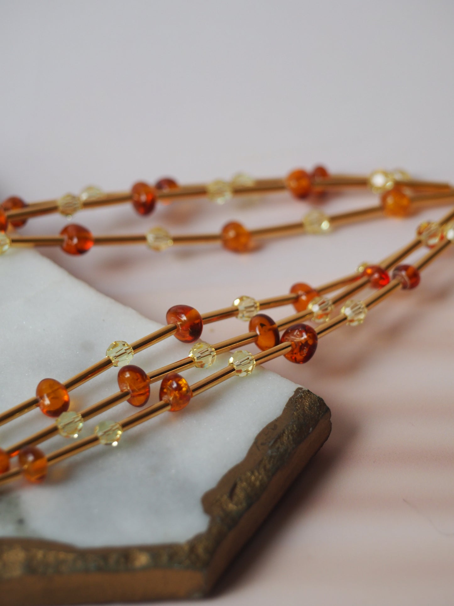 Unique Claw Shaped Butterscotch / Honey Amber Necklace With Gold Plated Silver and Swarovski Crystals