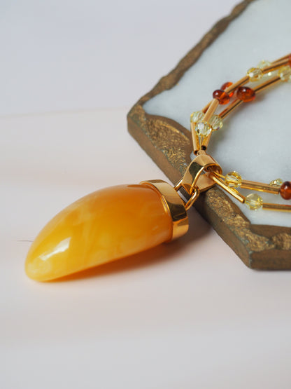 Unique Claw Shaped Butterscotch / Honey Amber Necklace With Gold Plated Silver and Swarovski Crystals