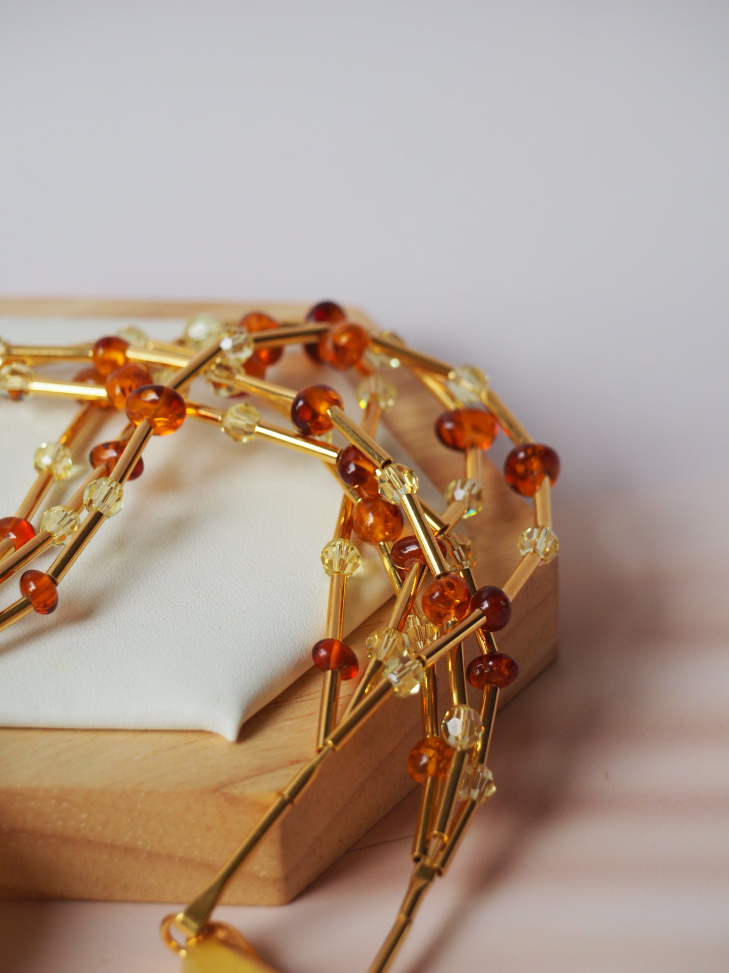 Unique Claw Shaped Butterscotch / Honey Amber Necklace With Gold Plated Silver and Swarovski Crystals