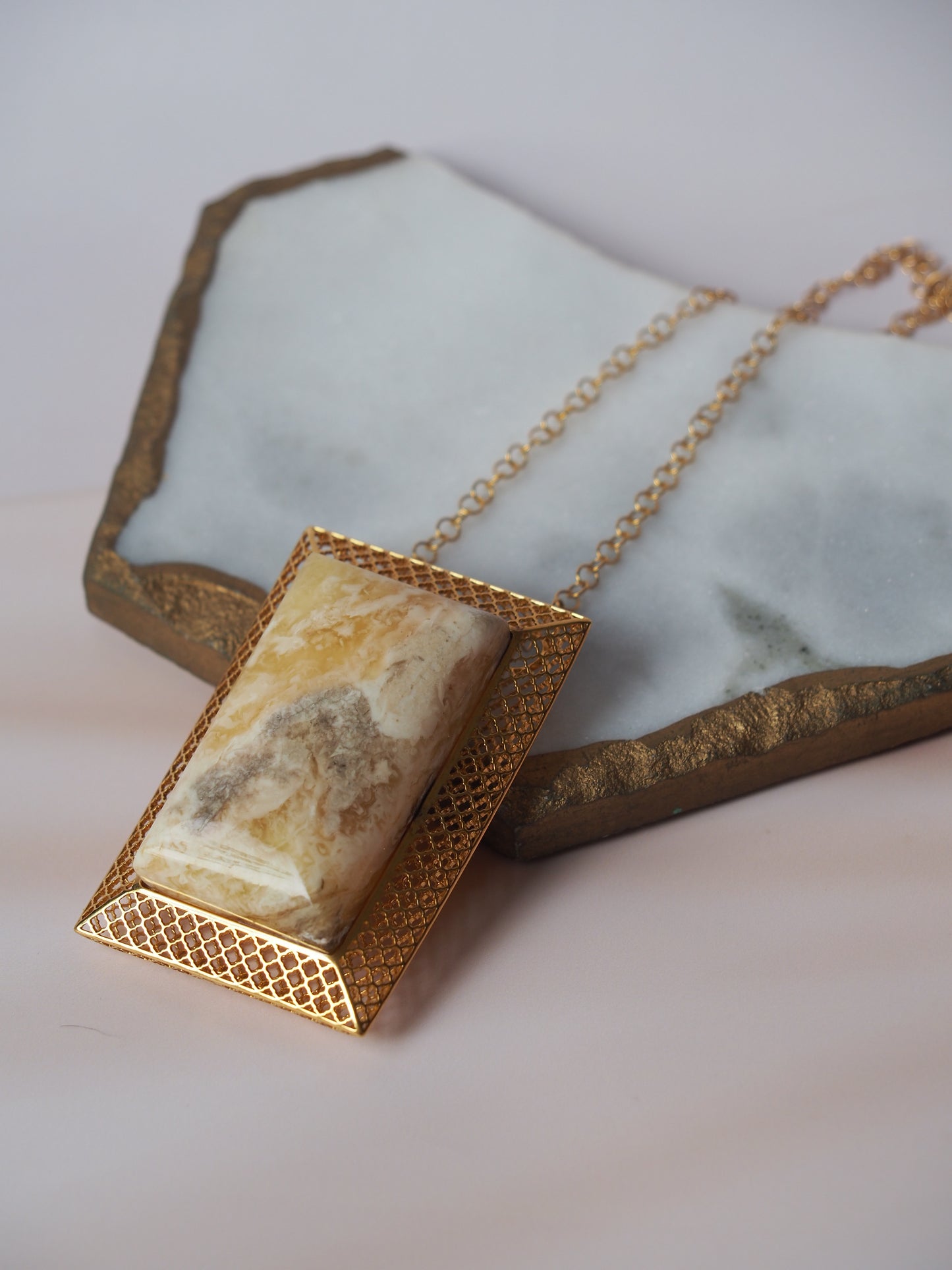 Unique Large Royal White Rectangular Amber Pendant with Gold Plated Silver Frame And Chain