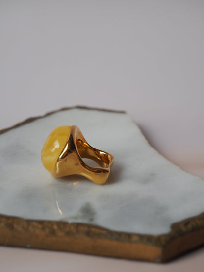 Butterscotch Natural Oval Amber Ring In Gold Plated Silver Frame