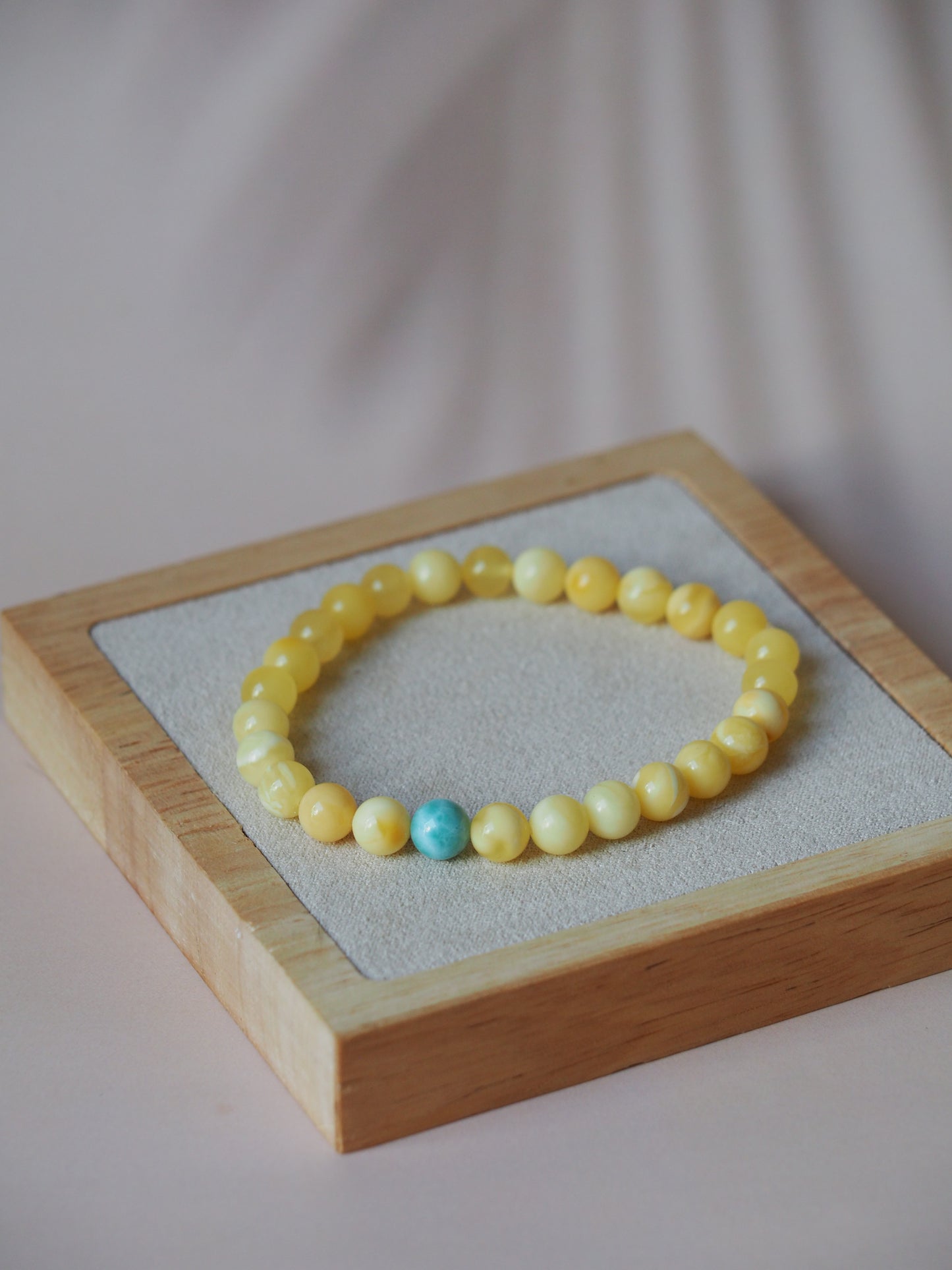 Butterscotch Amber Beaded Bracelet 7mm with Larimar