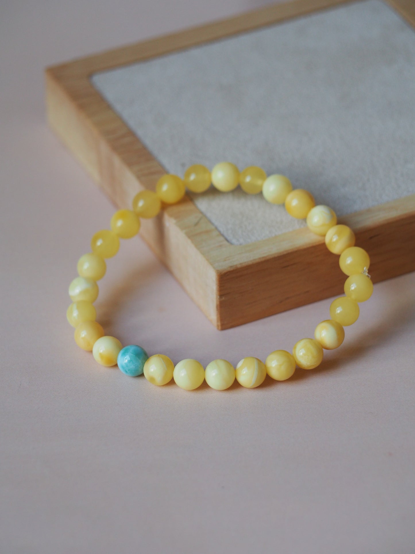 Butterscotch Amber Beaded Bracelet 7mm with Larimar