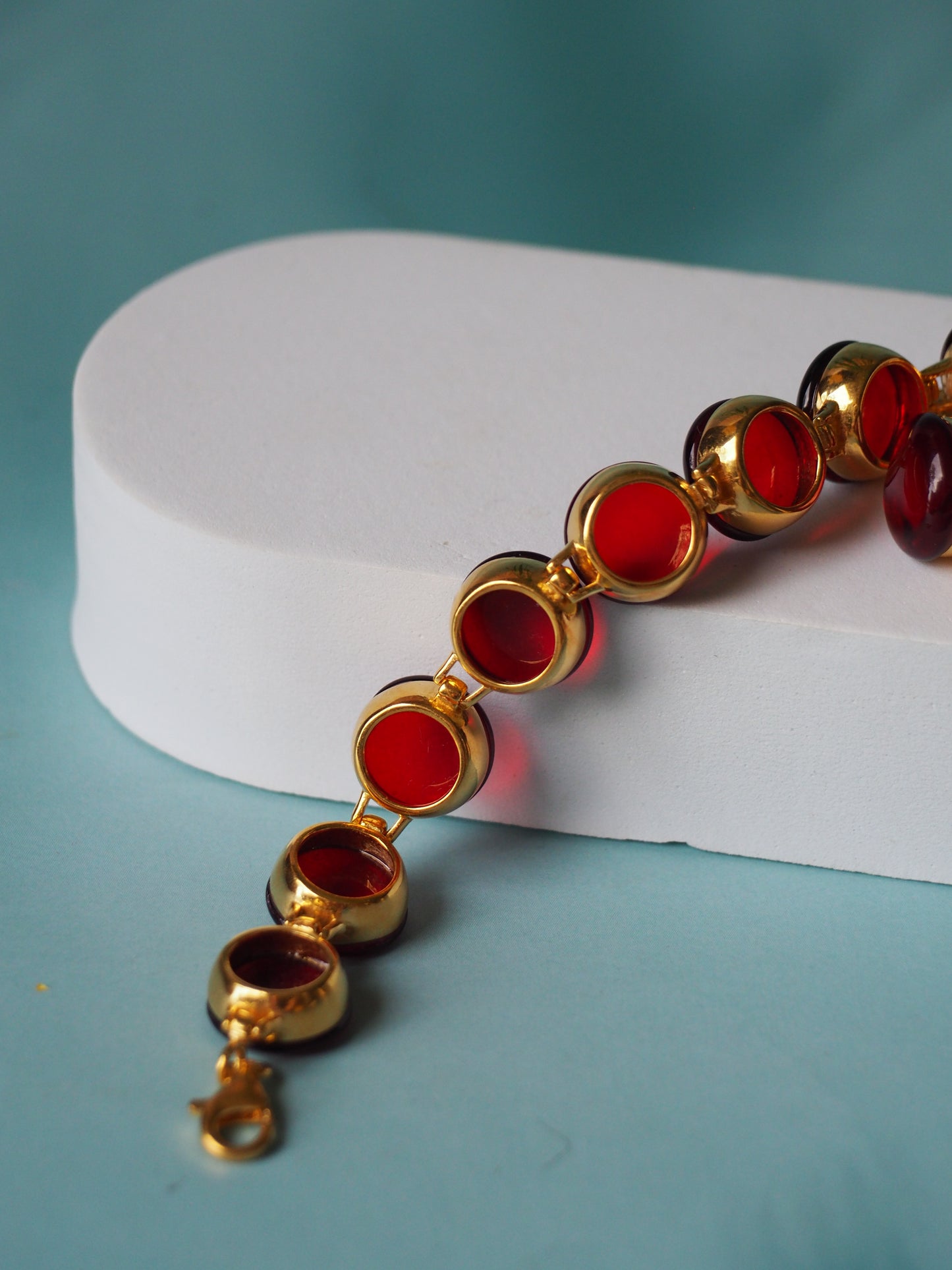Big Round Blood/ Red Amber Bracelet in Gold Plated Silver