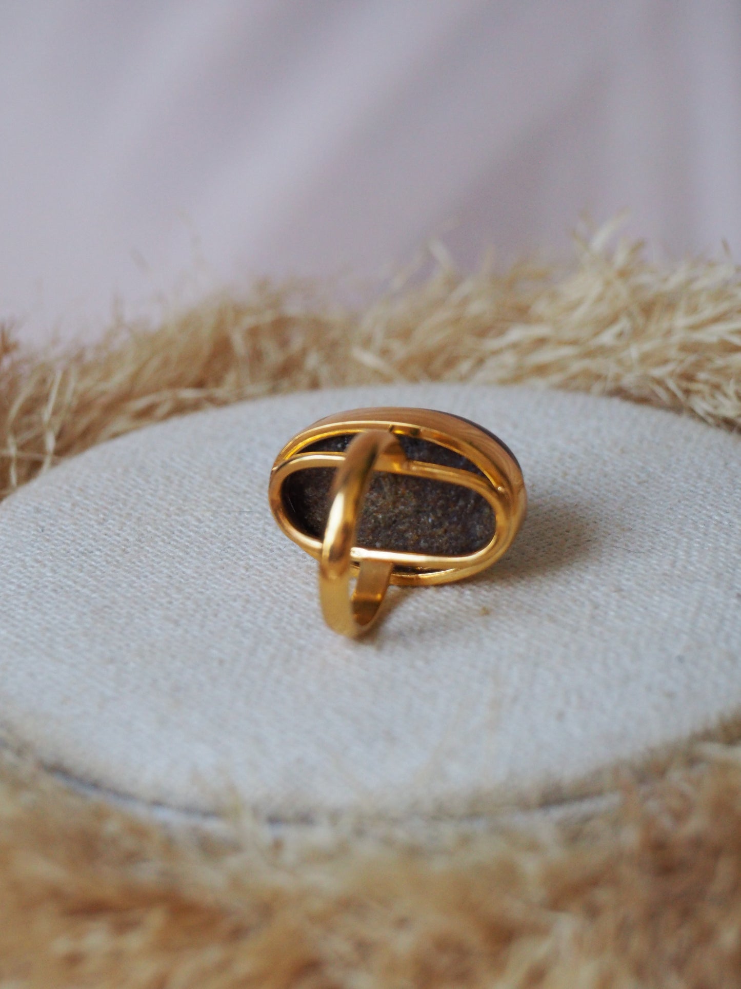 Blue Amber Ring with Natural Inclusions in Gold Plated Silver