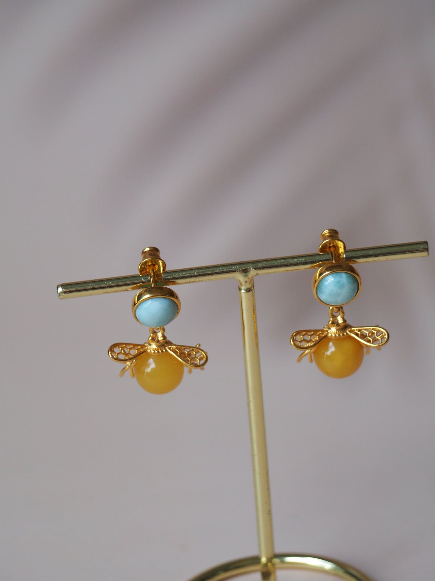 "Bee" Shape Larimar + Butterscotch Amber Earrings in Gold Plated Silver