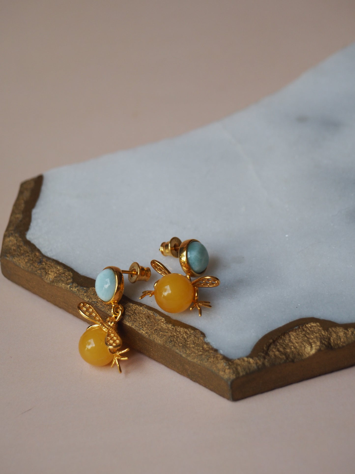 "Bee" Shape Larimar + Butterscotch Amber Earrings in Gold Plated Silver