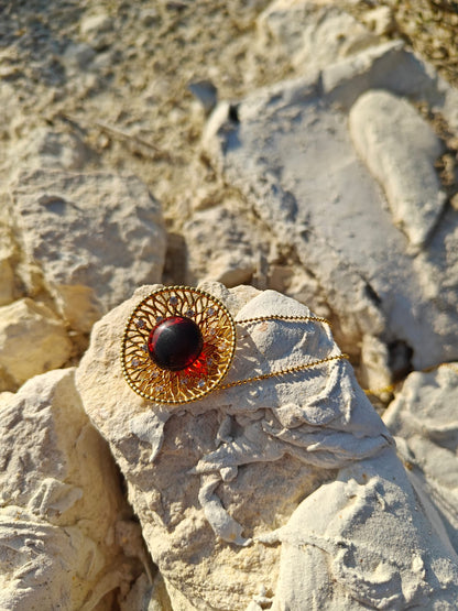 Supertree inspired Necklace with Cherry Amber and Cubic Zirconias in Gold Plated Silver