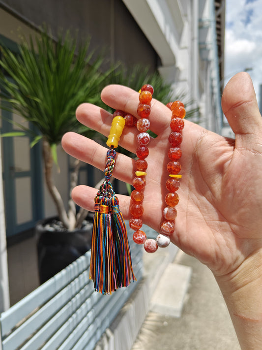 Red Frosted Carnelian and Honey Amber Tasbih 33 Beads 50g